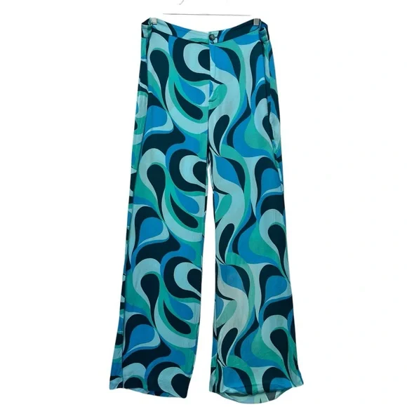 NWOT ZARA The Safia Pant Blue Psychedelic High Waisted Satin Flowy Y2K Sz XL - Picture 2 of 10